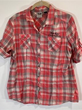 Harley-Davidson Coral Red and Gray Plaid Button-Front Blouse